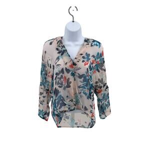 Chelsea 28 Pink Teal Floral Sheer Blouse Womens XS 3/4 Sleeve V-Neck Wrap Front
